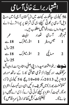 Pakistan Army Jobs in Sialkot 2013 at 56 Cavalry for Mess Waiter & Masalchi