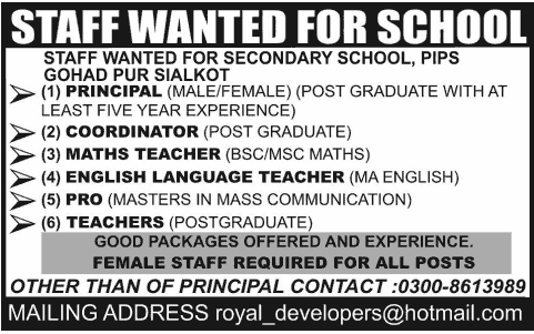 Pakistan International Public School (PIPS) Sialkot Jobs 2013 Principal, Teachers, PRO & Coordinator