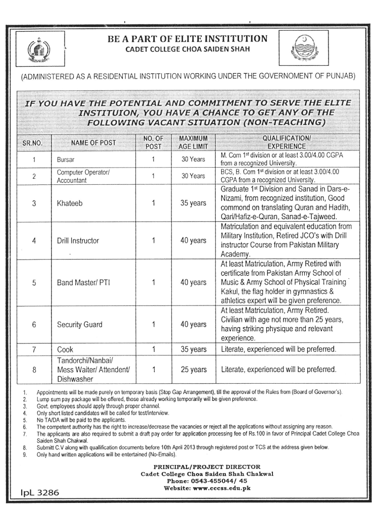 Cadet College Choa Saiden Shah Chakwal Jobs 2013 Bursar, Computer Operator, Accountant, Khateeb & Other Staff