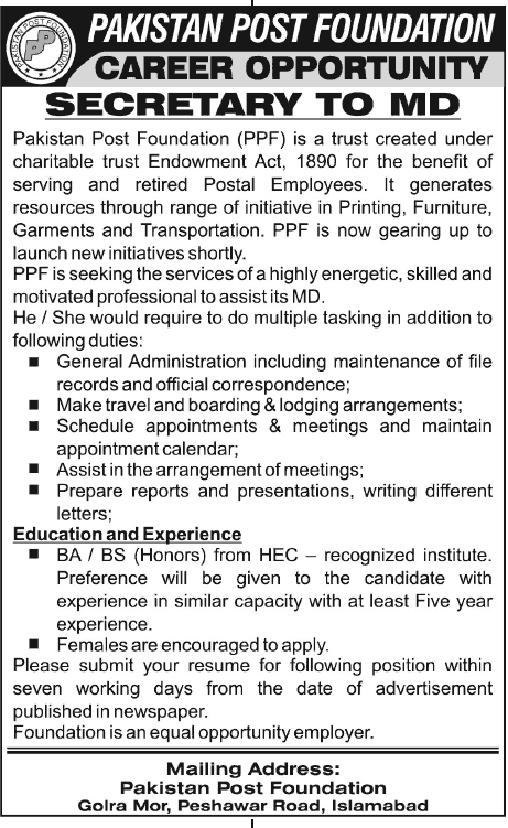 Secretary Job in Islamabad 2013 at Pakistan Post Foundation (PPF)