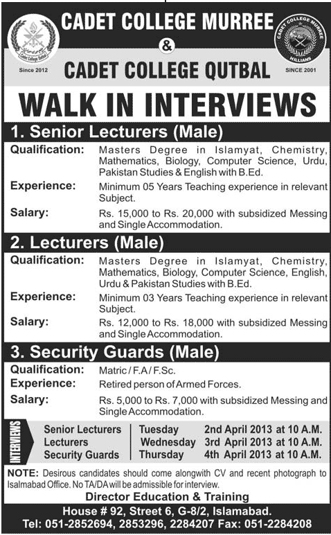 Cadet College Murree & Cadet College Qutbal Jobs 2013 for Lecturers & Security Guards