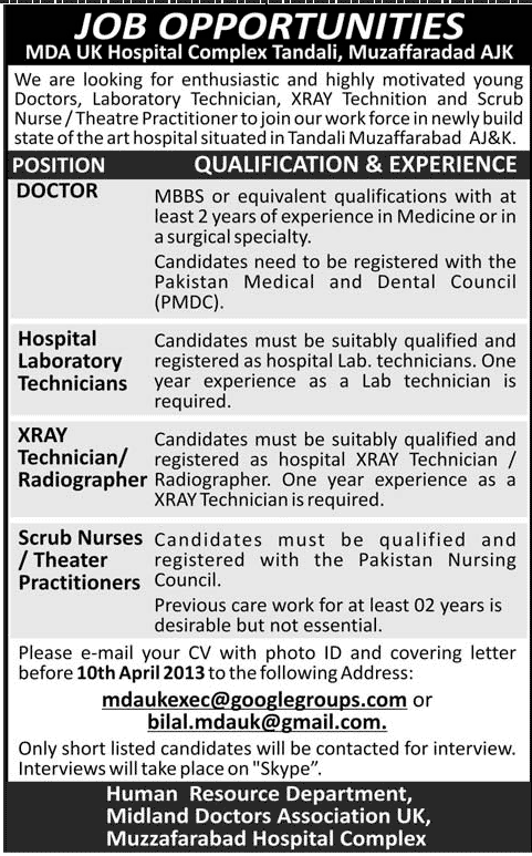 MDA UK Hospital Complex Muzaffarabad AJK Jobs for Doctors, Nurses & Laboratory/X-Ray Technicians