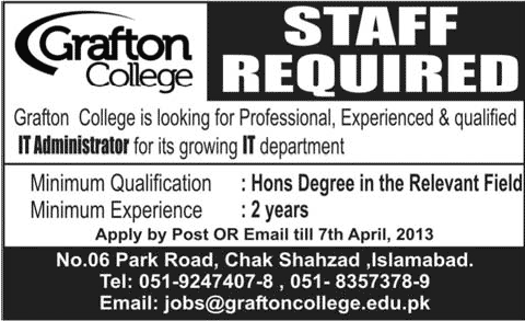 Network/IT Administrator Job in Islamabad 2013 Latest at Grafton College