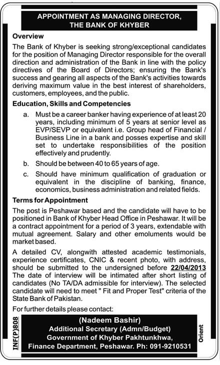 The Bank of Khyber Job 2013 for Managing Director in Peshawar