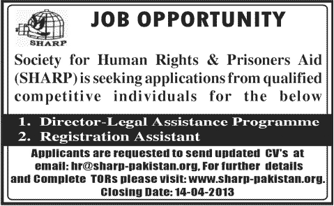 SHARP Pakistan Jobs 2013 (NGO) for Director Legal Assistant Programme & Registration Assistant