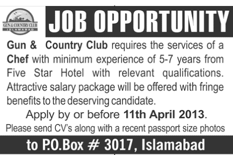 Chef Job in Islamabad 2013 at Gun & Country Club