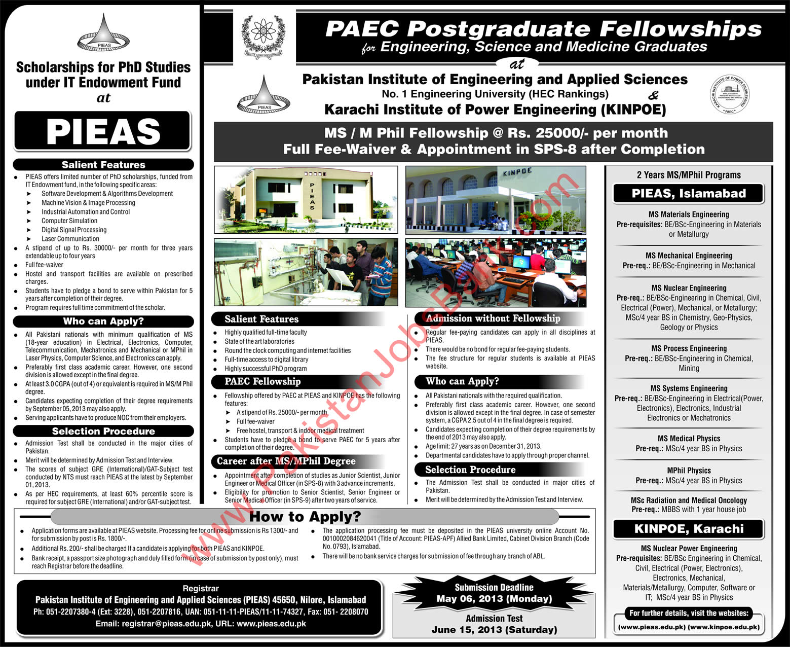 Pakistan Atomic Energy Commission Postgraduate Fellowships 2013 at PIEAS / KINPOE Advertisement