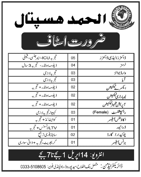 Doctor & Nursing Jobs in Rawalpindi 2013 Along With Other Staff Latest at Al-Hamd Hospital