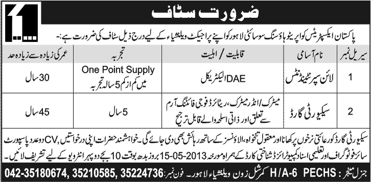 PECHS Housing Society Lahore Jobs 2013 Line Superintendents & Security Guards