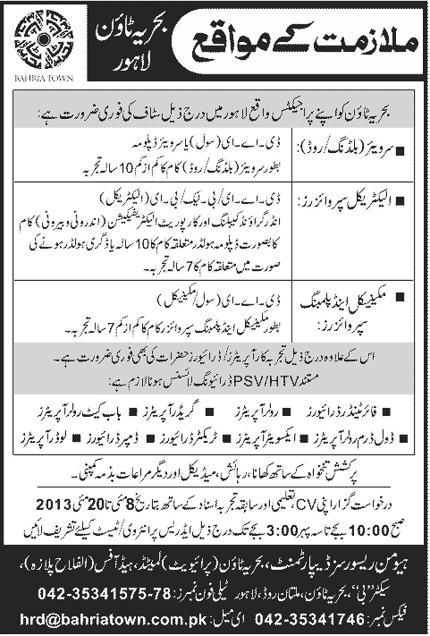 Bahria Town Lahore Jobs 2013-May-08 Surveyor, Electrical/Mechanical/Plumbing Supervisors & Drivers/Operators