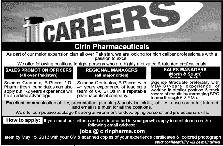 Cirin Pharmaceuticals Jobs 2013-May-08 Regional / Sales Managers & Sales Promotion Officers