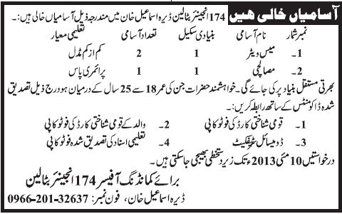 Mess Waiter & Masalchi Jobs at 174 Engineer Battalion Dera Ismail Khan 2013