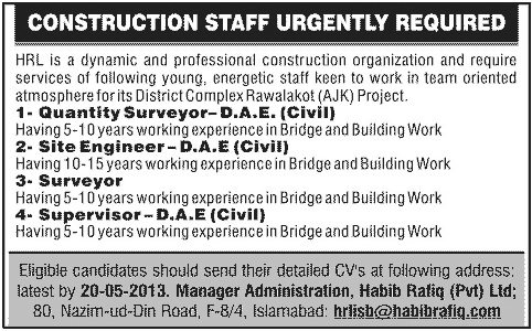Civil Engineer Jobs in Rawalakot AJK 2013 Latest at Habib Rafiq (Private) Limited Quantity / Surveyor / Site Engineer