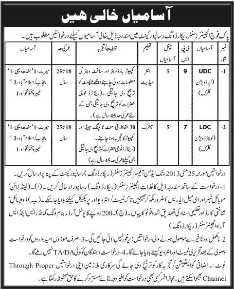 Clerk Jobs in Pakistan Army Engineers Center Record Wing Risalpur Cantt 2013 May (UDC / LDC)