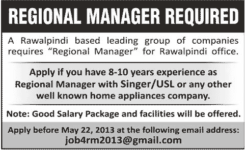 Regional Manager Job in a Group of Companies in Rawalpindi 2013