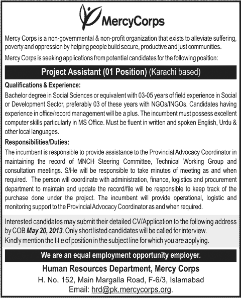 INGO Mercy Corps Pakistan Job 2013 for Project Assistant at Karachi