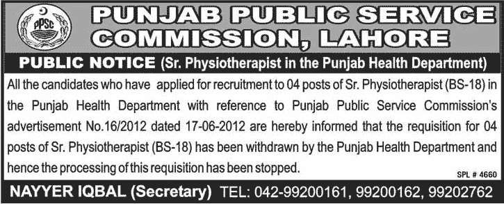 PPSC Public Notice for Job Applicants for Senior Physiotherapist in Punjab Health Department 2013