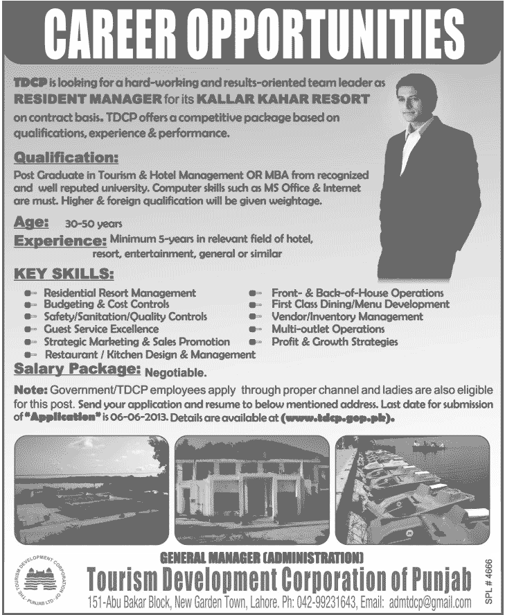 Tourism Development Corporation of Punjab (TDCP) Job 2013 for Resident Manager Latest Ad