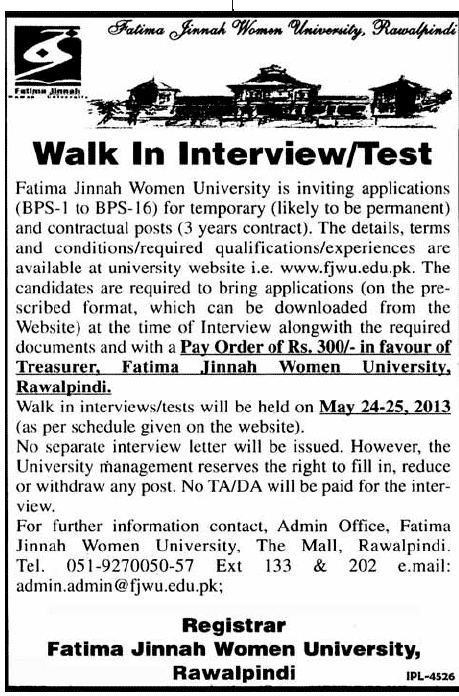 Fatima Jinnah Women University Rawalpindi Jobs 2013 Walk in Interviews