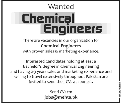 Chemical Engineer Jobs in Pakistan 2013 Latest at Mehta Brothers Private Limited