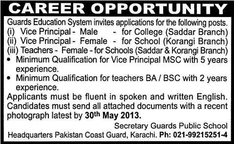 Vice Principal & Female Teacher Jobs in Karachi 2013 Latest at Pakistan Coast Guards Public School