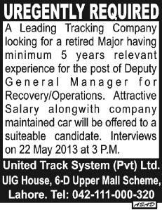 Job for Ex/Retired Army Officer in Lahore 2013 Latest for Major as Deputy General Manager Recovery / Operations