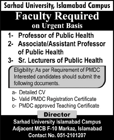 Public Health Faculty Jobs in Islamabad 2013 Assistant/Associate/Professor & Lecturer at Sarhad University