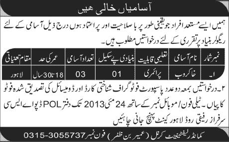 Sanitary Worker / Sweeper / Khakroob Jobs in Lahore 2013 May Latest at POL Depot ASC