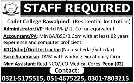 Cadet College Rawalpindi Jobs 2013 Administrator/VP, Accountant/PA, Drill Instructor, Farm Supervisor & Others