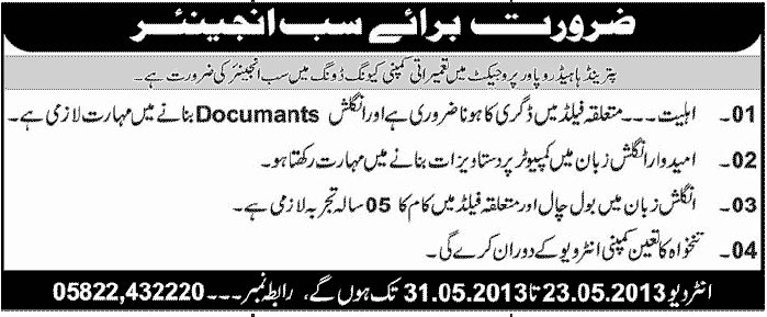 Sub Engineer Job in Muzaffarabad AJK 2013 for Putarend Hydropower Project in a Construction Company