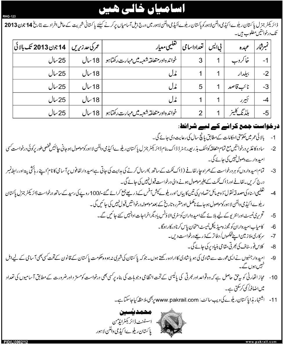 Pakistan Railway Academy Walton Lahore Jobs 2013-May-23 Latest Advertisement in Jang