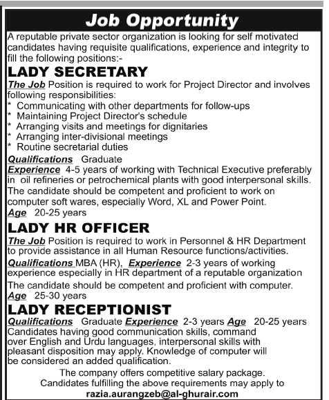 Female Secretary, HR Officer & Receptionist Jobs 2013