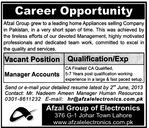 Accounts Manager Jobs in Lahore 2013 May at Afzal Group of Electronics