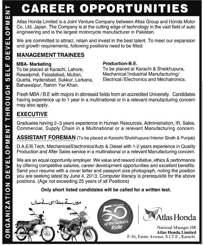 Atlas Honda Jobs 2013 May Management Trainees (Engineering / Marketing), Executives & Foremen Latest Ad