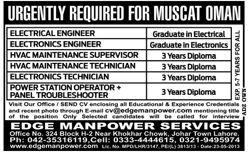 Engineering Jobs in Muscat Oman 2013 through Edge Manpower Services