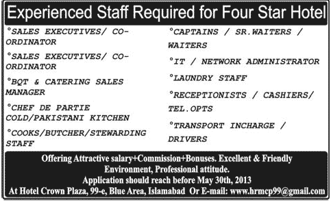 Hotel Jobs in Islamabad 2013 Sales Executive, Sales Manager, Chefs, Waiter, Network Administrator & Other Staff