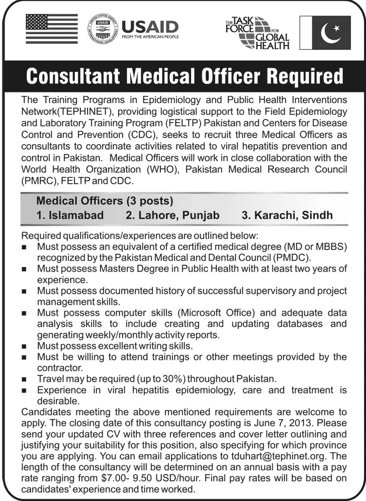 Medical Officers Jobs in Karachi, Lahore & Islamabad 2013 in USAID Latest Advertisement