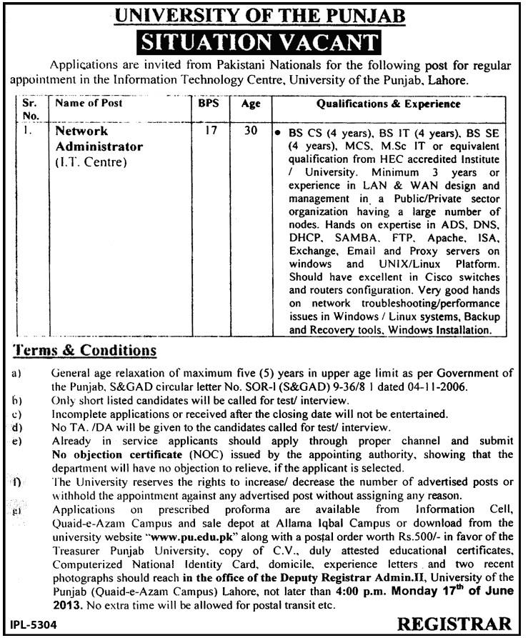 Network Administrator Jobs in Lahore 2013 June Latest at Punjab University IT Center