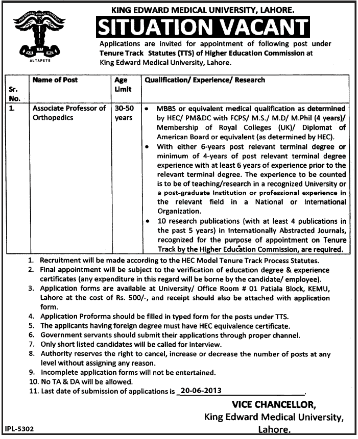 Associate Professor of Orthopedics Job in King Edward Medical University (KEMU) Lahore 2013 June