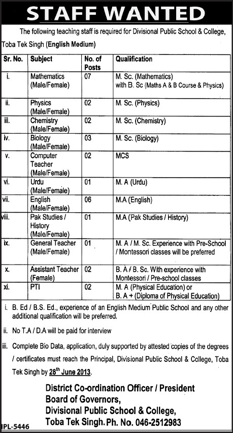 Teaching Jobs in Toba Tek Singh 2013 Latest at Divisional Public School & College (DPS & C)