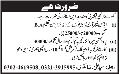 Jobs for Admin Manager, Production Supervisor & Carpenter in Lahore 2013 June at Gourmet Furniture Factory