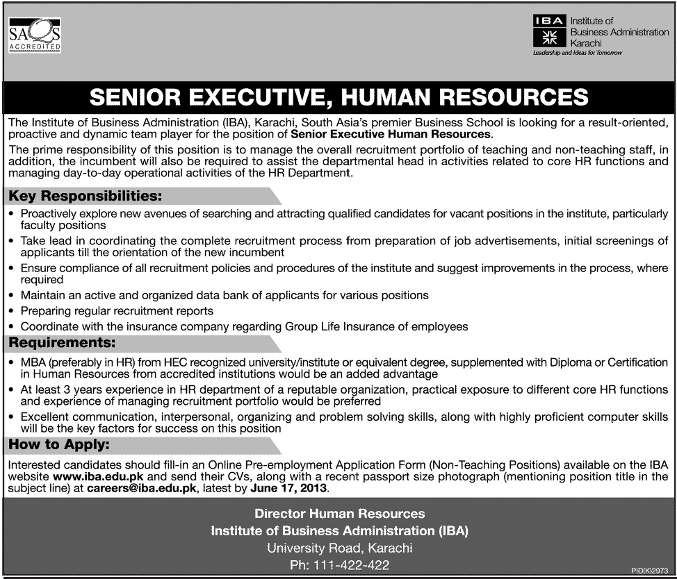 Institute of Business Administration (IBA) Karachi Jobs 2013 for Senior Executive Human Resources