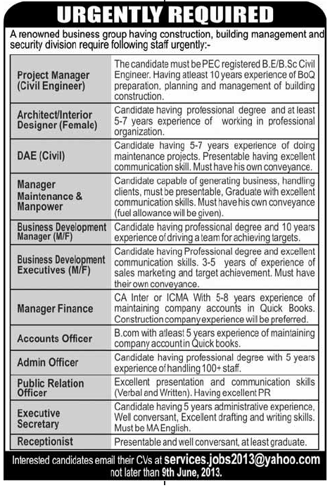 Jobs for Civil Engineers, Architect, Admin Officer, Receptionist & Others in a Construction, Building Management & Security Company