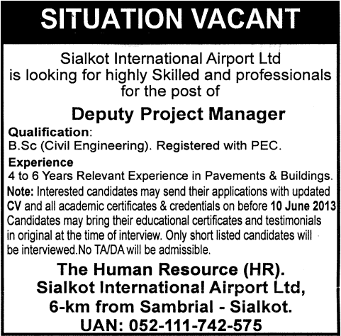 Sialkot International Airport Jobs 2013 June for Deputy Project Manager (Civil Engineering)
