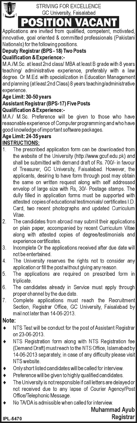 GC University Faisalabad Jobs 2013 for Deputy Registrars & Assistant Registrars