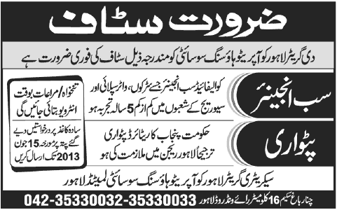 Sub-Engineer Civil & Patwari Jobs in The Greater Lahore Cooperative Housing Society (GLCHS) 2013