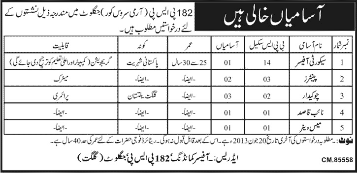 182 PSP Army Service Corps (ASC) Jaglot Gilgit Jobs 2013 Security Officer, Chowkidar, Painters, Naib Qasid & Waiter