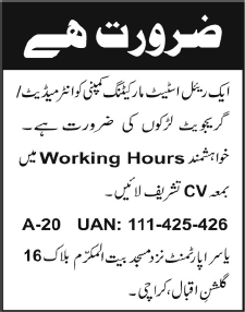 Jobs in Real Estate Marketing Company in Karachi 2013 June at Hayder Ali & Co