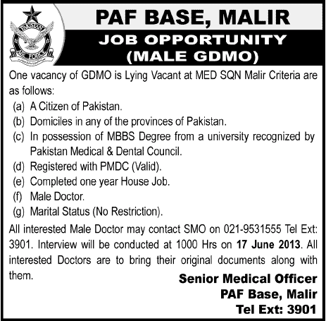 PAF Base Malir Karachi Job 2013 for GDMO in Medical Squadron