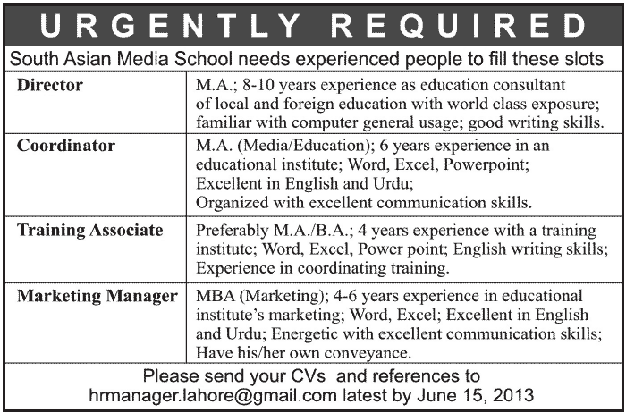 South Asian Media School Lahore Jobs 2013 Director, Coordinator, Training Associate & Marketing Manager